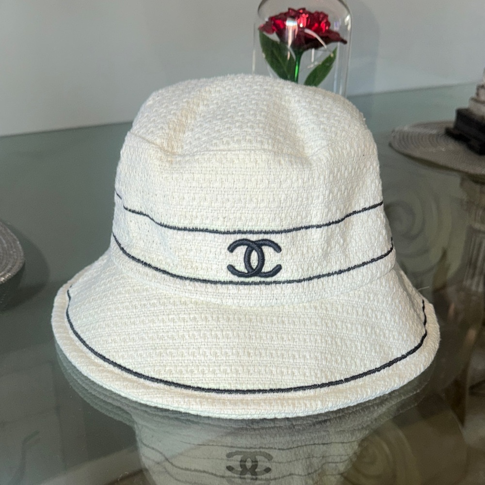 Luxury  White Bucket Hat with Black Embroidery